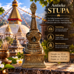 Rijk versierde antiek bronskleurige boeddhistische stupa van 29 cm met vierkante voet en sierlijke bekroning.