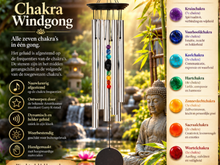 Woodstock Chakra Windgong met zilverkleurige klankbuizen en zeven gekleurde chakrastenen in een Japanse zentuin.