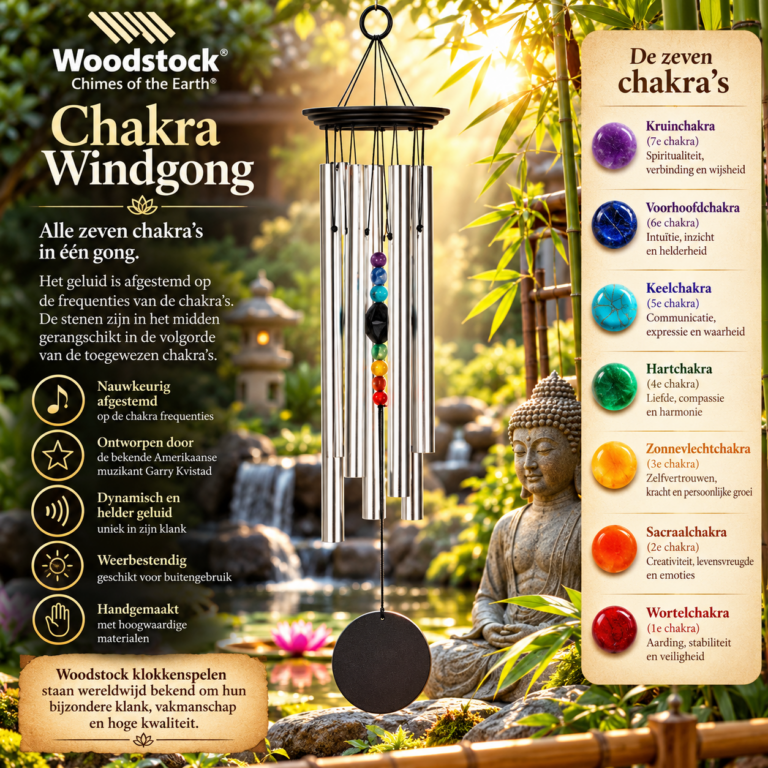 Woodstock Chakra Windgong met zilverkleurige klankbuizen en zeven gekleurde chakrastenen in een Japanse zentuin.