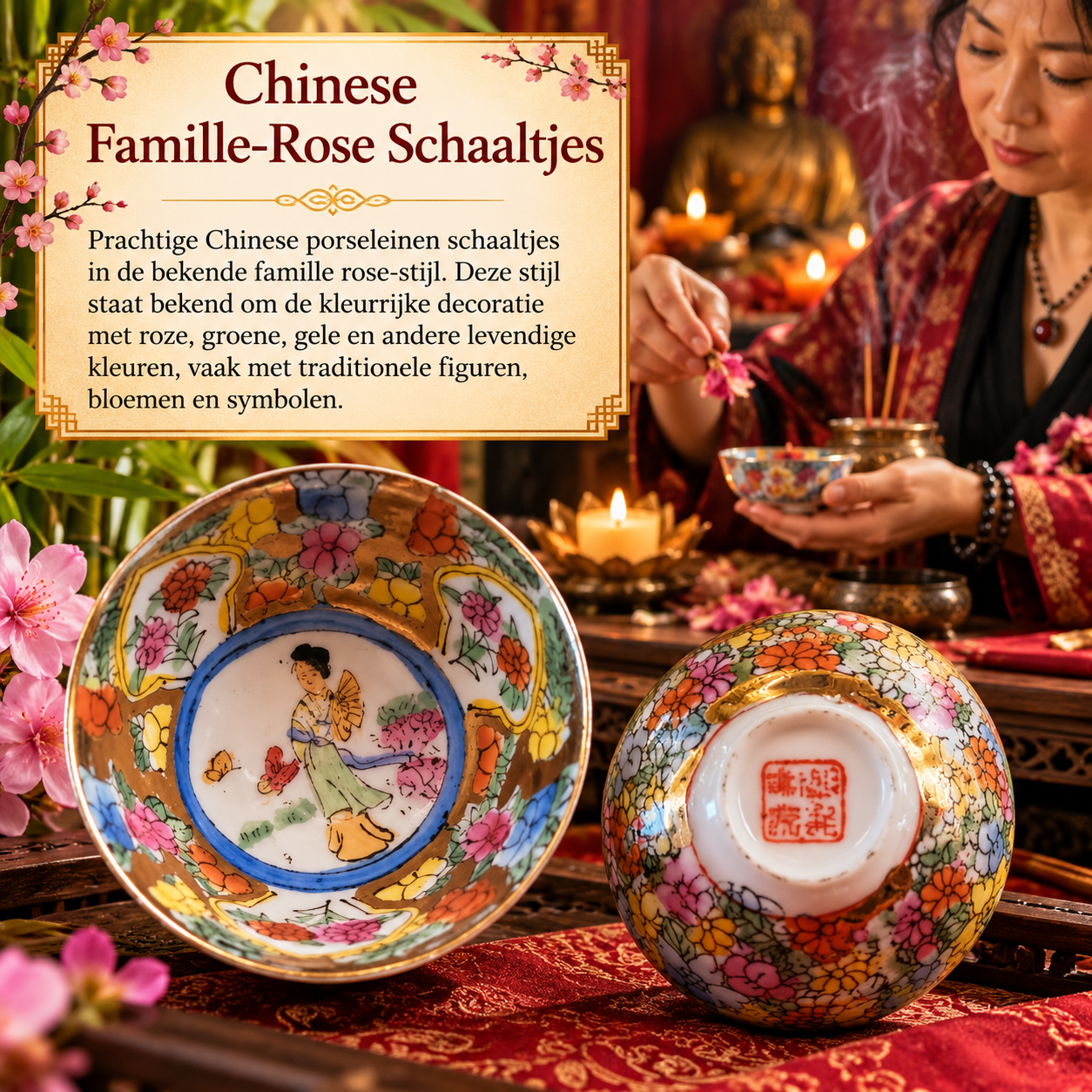 Chinese familie rose schaaltjes Chinese offerschaaltjes van porselein | Set van 4 - Afbeelding 1