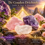 Gouden Driehoek set van drie ruwe edelstenen met paarse amethist, roze rozenkwarts en helder bergkristal.