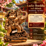 Bronskleurig Lucky Boeddha beeld op olifant van 13 cm, gemaakt van resin, symbool van geluk en voorspoed.