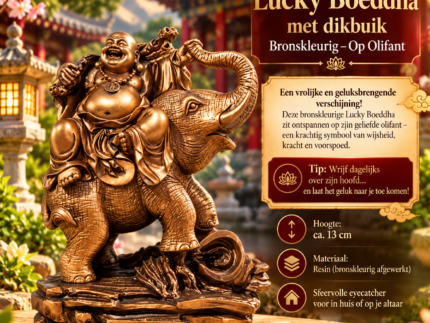 Bronskleurig Lucky Boeddha beeld op olifant van 13 cm, gemaakt van resin, symbool van geluk en voorspoed.