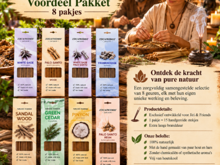 Jiri & Friends wierook voordeelpakket met 8 pakjes natuurlijke wierook, gepresenteerd in een sfeervolle omgeving waar wierook wordt gemaakt.