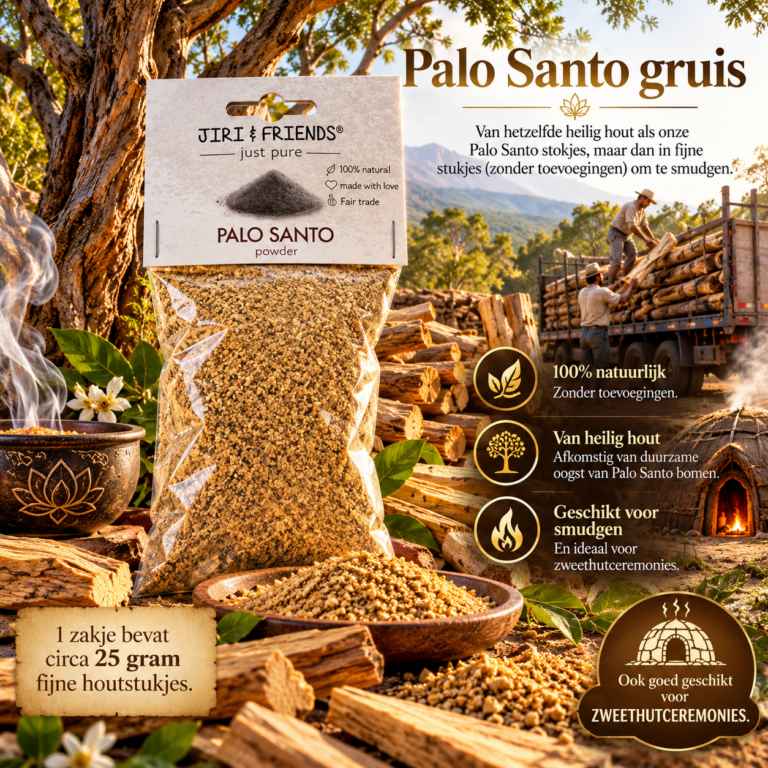 Jiri & Friends Palo Santo gruis van 25 gram, fijne stukjes heilig hout met Palo Santo bomen en hout op de achtergrond.