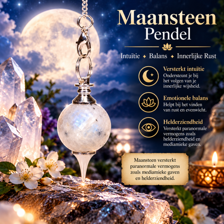 Maansteen pendel met ronde witte edelsteen, zilverkleurige ketting en spitse punt, tegen een spirituele achtergrond met volle maan.