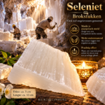 Ruw wit seleniet brokstuk van circa 13 cm met vezelige kristalstructuur, tegen de achtergrond van een selenietgrot.