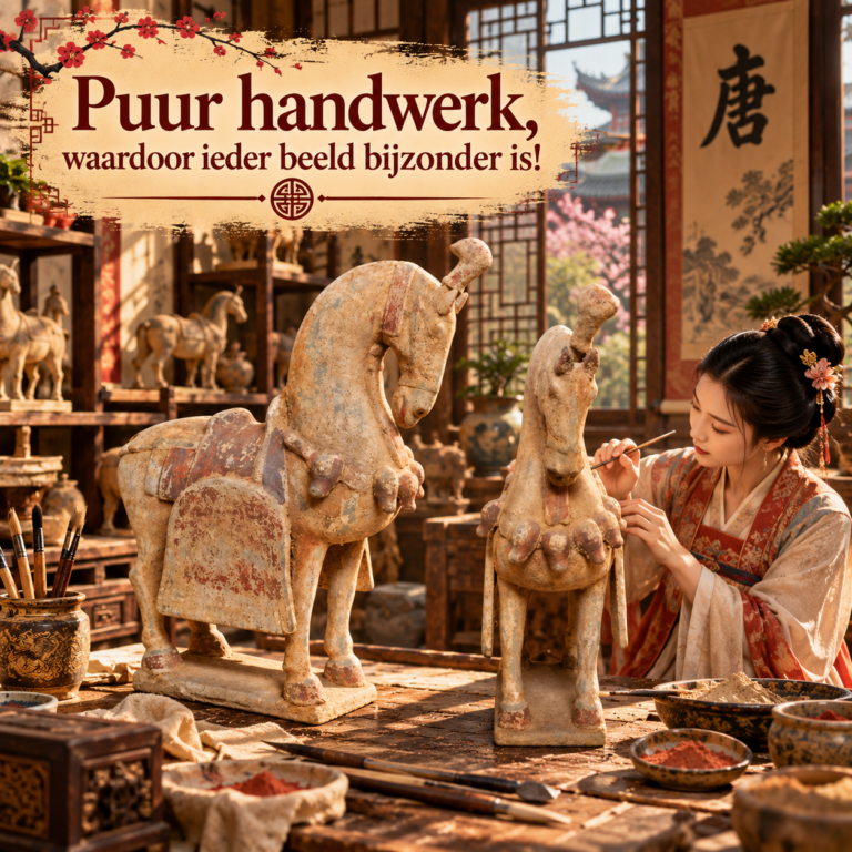 terracotta paarden met zadel in een traditioneel Chinees atelier, terwijl een ambachtsvrouw een beeld beschildert.