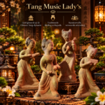 Vier Tang Music Ladies van 30 cm, Chinese muzikantes in traditionele gewaden met verweerde uitstraling