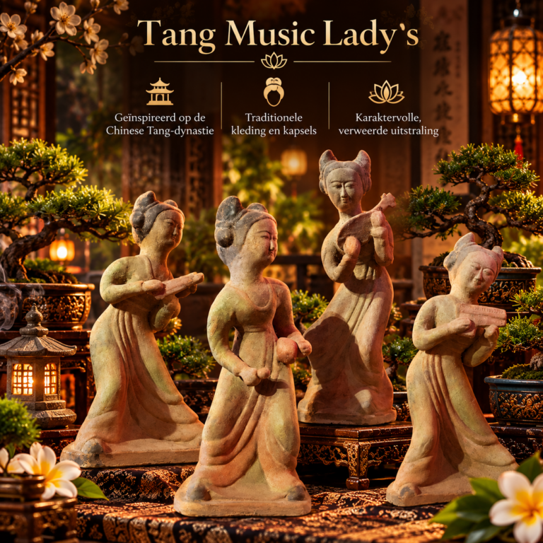 Vier Tang Music Ladies van 30 cm, Chinese muzikantes in traditionele gewaden met verweerde uitstraling
