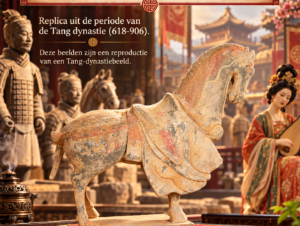 Terracotta paardenbeeld met decoratief schild, geïnspireerd op de Chinese Tang-dynastie.