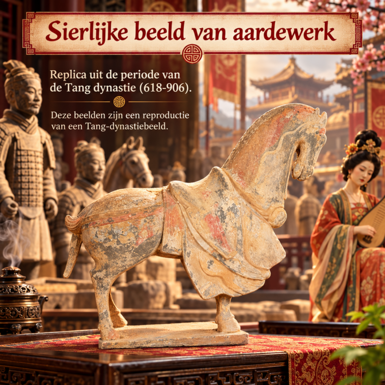 Terracotta paardenbeeld met decoratief schild, geïnspireerd op de Chinese Tang-dynastie.