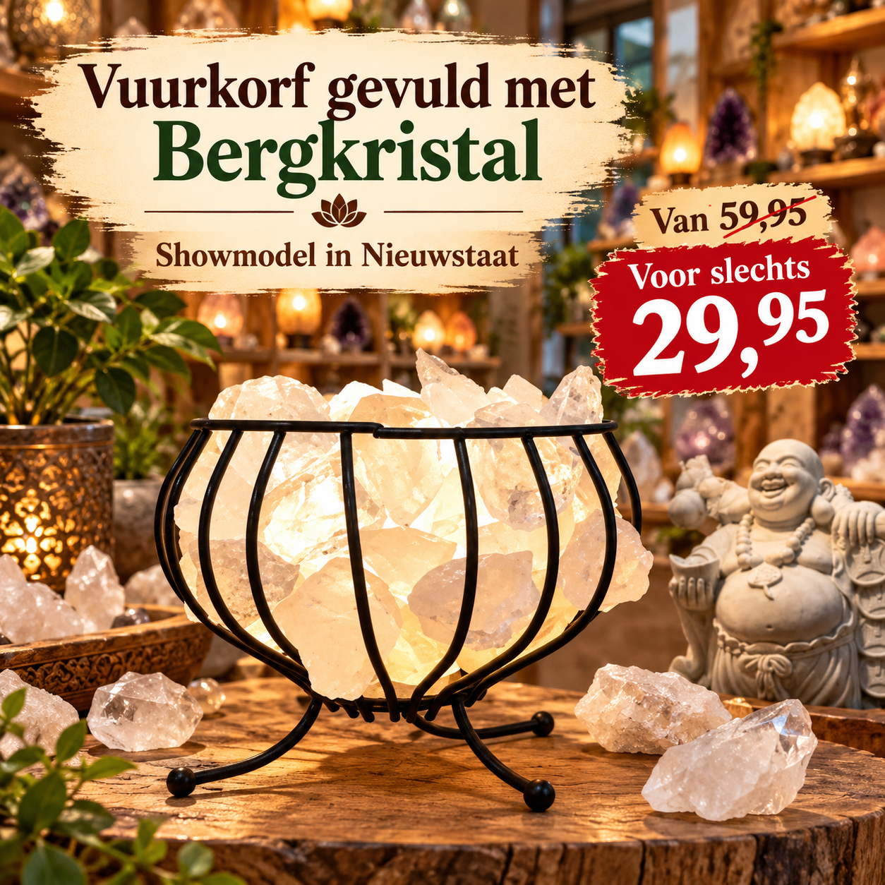 Vuurkorf bergkristal Verlichte bergkristal vuurkorf met 3–4 kilo ruwe kristallen, showmodel in nieuwstaat, aanbieding voor € 29,95.