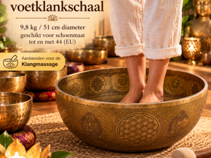 Grote Chakra voetklankschaal van 51 cm en 9,8 kg met een persoon die erin staat, omringd door klankschalen in een meditatieruimte.