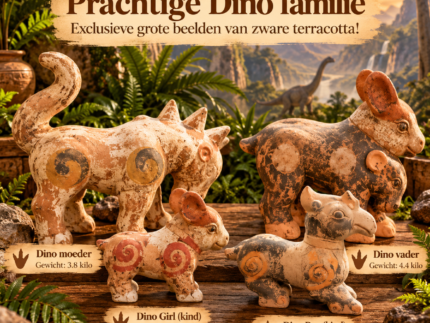 Dino familie van vier zware terracotta beelden met vader, moeder, jongen en meisje, tegen een prehistorische jungleachtergrond.