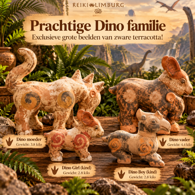 Dino familie van vier zware terracotta beelden met vader, moeder, jongen en meisje, tegen een prehistorische jungleachtergrond.