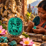 Turquoise Ganesha hanger van metaal en polyresin met sierlijke zilverkleurige rand, afgebeeld bij een ambachtsvrouw en een Ganesha beeld.