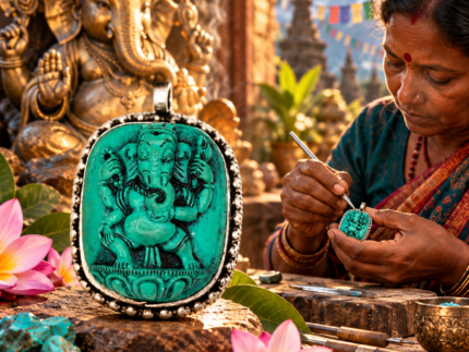 Turquoise Ganesha hanger van metaal en polyresin met sierlijke zilverkleurige rand, afgebeeld bij een ambachtsvrouw en een Ganesha beeld.