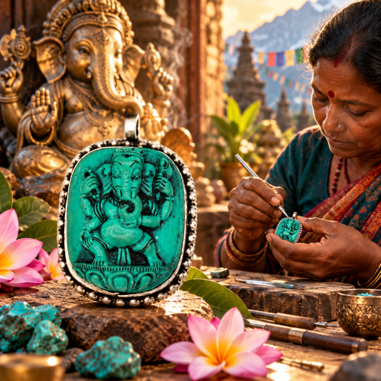 Turquoise Ganesha hanger van metaal en polyresin met sierlijke zilverkleurige rand, afgebeeld bij een ambachtsvrouw en een Ganesha beeld.