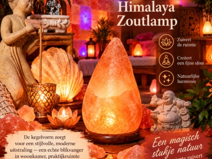 Himalaya zoutlamp in kegelvorm met warme oranje gloed op een houten tafel in een sfeervolle zoutkamer met andere zoutlampen.