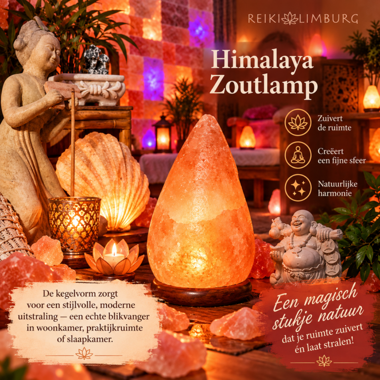 Himalaya zoutlamp in kegelvorm met warme oranje gloed op een houten tafel in een sfeervolle zoutkamer met andere zoutlampen.