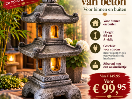 Japanse pagodelantaarn van beton, 65 cm hoog, met twee sierlijke daken en verweerde natuursteenachtige afwerking.