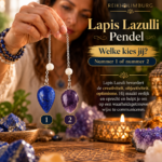 Twee edelsteenpendels met zilverkleurige ketting, nummer 1 blauw Lapis Lazuli en nummer 2 paars-violet, bij een spirituele pendelsessie.