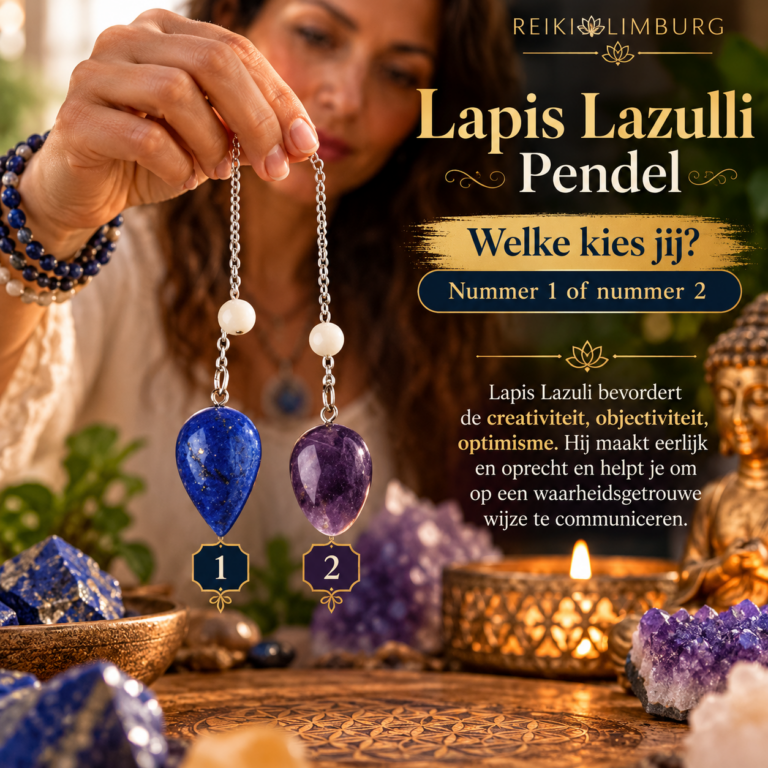 Twee edelsteenpendels met zilverkleurige ketting, nummer 1 blauw Lapis Lazuli en nummer 2 paars-violet, bij een spirituele pendelsessie.