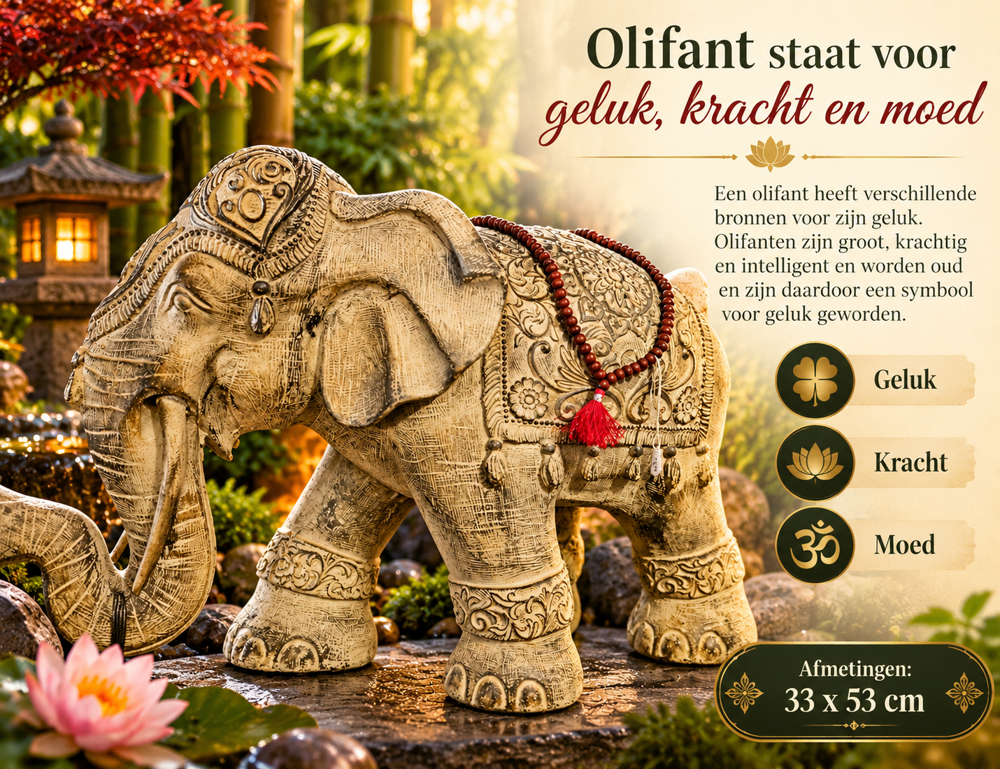 oosters-olifantenbeeld-geluk-kracht-53-cm Rijkelijk versierd Oosters olifantenbeeld van 33 × 53 cm in een sfeervolle tuin met bamboe en Oosterse lantaarns.