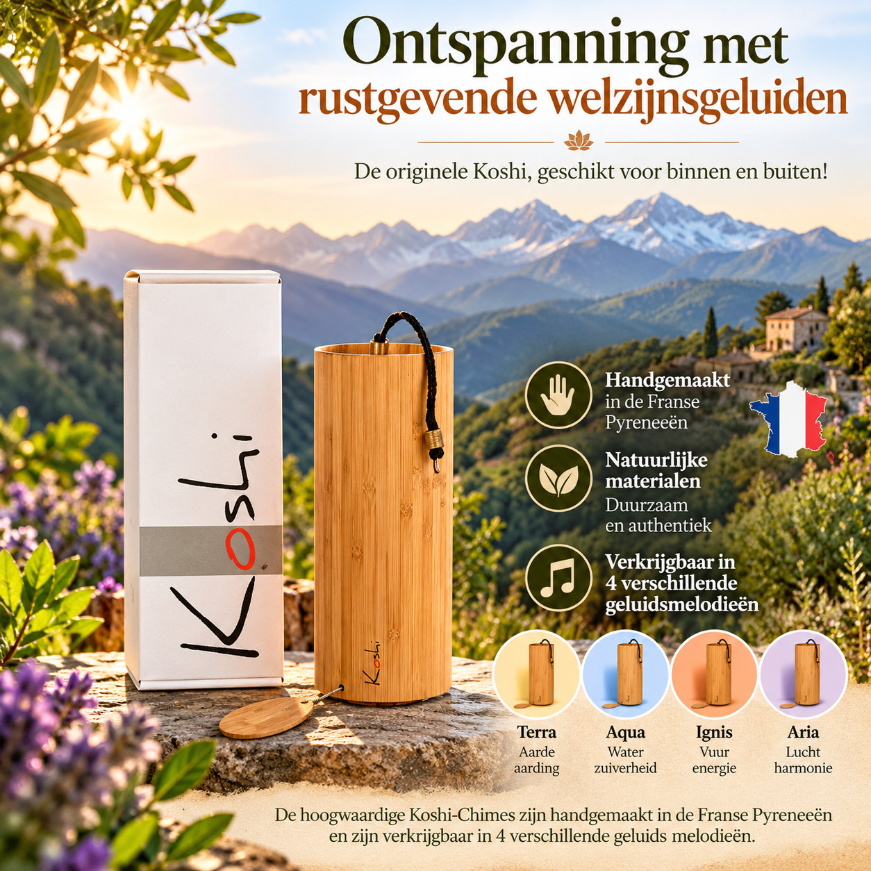 originele-koshi-windgong-franse-pyreneeen Originele Koshi windgong van bamboe met verpakking, tegen een sfeervolle achtergrond van de Franse Pyreneeën.