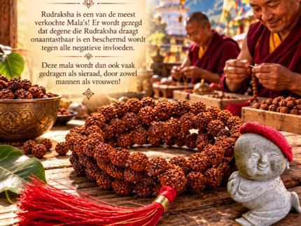 Rudraksha Mala ketting met 108 bruine zaadkralen en rode kwast, met monniken die mala's rijgen op de achtergrond.