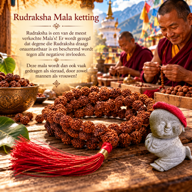 Rudraksha Mala ketting met 108 bruine zaadkralen en rode kwast, met monniken die mala's rijgen op de achtergrond.