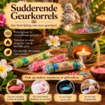 Sudderende geurkorrels in verschillende geuren naast een aromabrander met warm water en waxinelichtje.