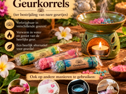 Sudderende geurkorrels in verschillende geuren naast een aromabrander met warm water en waxinelichtje.