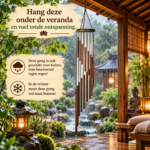 Windgong Rain met zilver- en koperkleurige klankbuizen onder een houten veranda, met regenachtige Chinese tuin op de achtergrond.