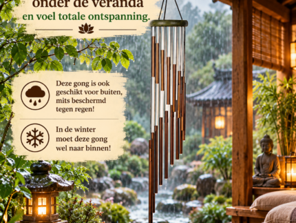 Windgong Rain met zilver- en koperkleurige klankbuizen onder een houten veranda, met regenachtige Chinese tuin op de achtergrond.