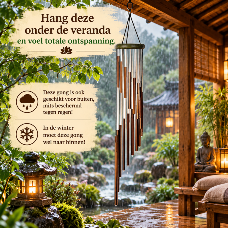 Windgong Rain met zilver- en koperkleurige klankbuizen onder een houten veranda, met regenachtige Chinese tuin op de achtergrond.