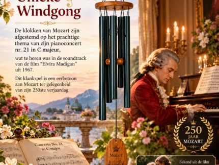 Woodstock Mozart windgong met vijf donkere aluminium klankbuizen en houten afwerking, tegen een sfeervolle achtergrond met Mozart aan de piano.