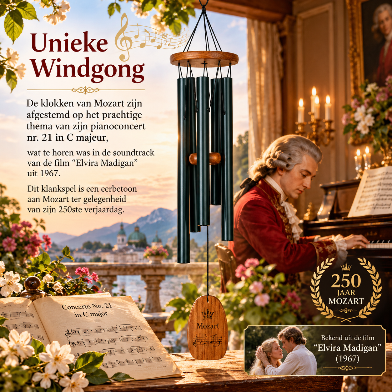 woodstock-mozart-windgong-63-5-cm Woodstock Mozart windgong met vijf donkere aluminium klankbuizen en houten afwerking, tegen een sfeervolle achtergrond met Mozart aan de piano.