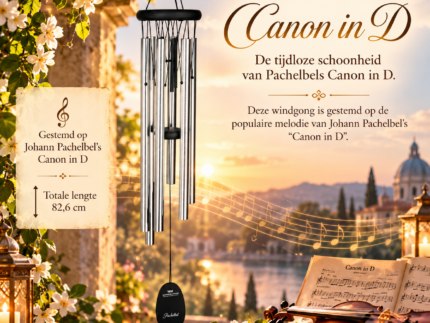 Woodstock Pachelbel Canon in D windgong van 82,6 cm met zilverkleurige klankbuizen in een romantische klassieke tuin.