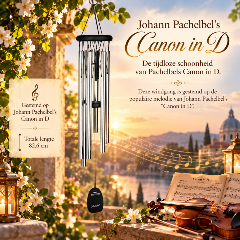 Woodstock Pachelbel Canon in D windgong van 82,6 cm met zilverkleurige klankbuizen in een romantische klassieke tuin.