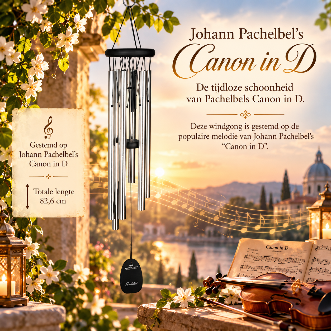 woodstock-pachelbel-canon-in-d-windgong-82-6-cm Woodstock Pachelbel Canon in D windgong van 82,6 cm met zilverkleurige klankbuizen in een romantische klassieke tuin.