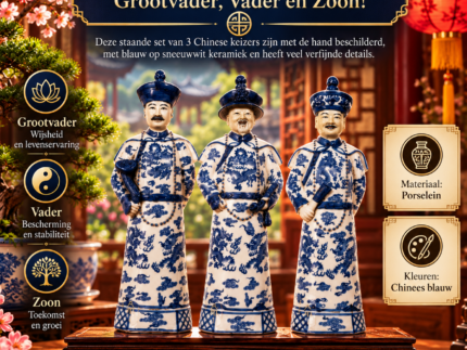 Drie staande Chinese keizers van blauw-wit porselein, Grootvader, Vader en Zoon, met sierlijke hoofddeksels en handbeschilderde gewaden.
