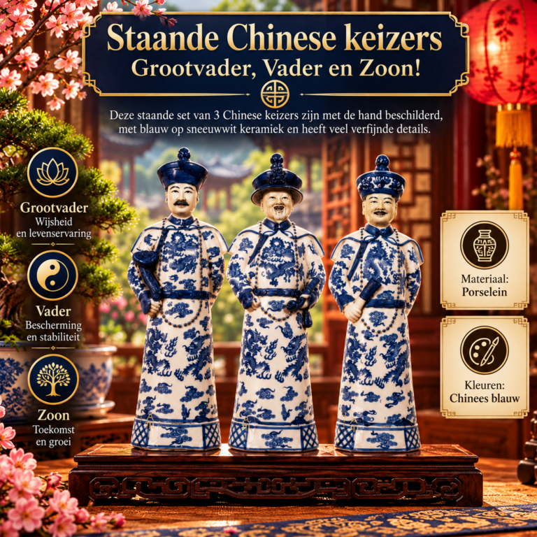 Drie staande Chinese keizers van blauw-wit porselein, Grootvader, Vader en Zoon, met sierlijke hoofddeksels en handbeschilderde gewaden.