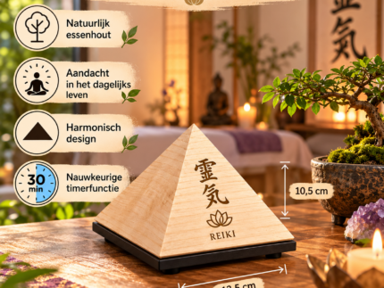 Vier houten GongTimer piramides met Om-symbool, Yin Yang en naturel afwerking in een sfeervolle meditatieruimte.