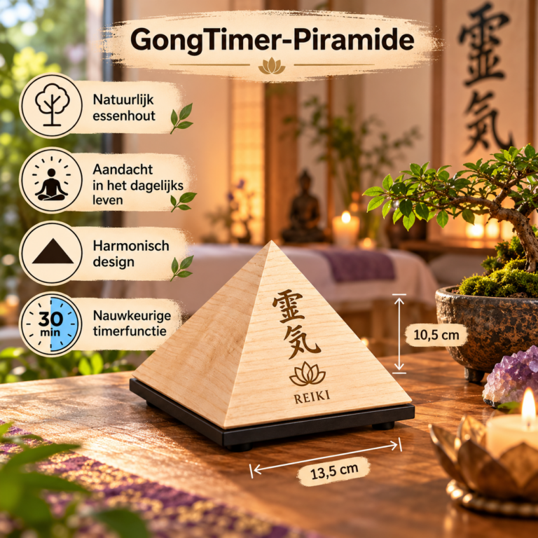 Vier houten GongTimer piramides met Om-symbool, Yin Yang en naturel afwerking in een sfeervolle meditatieruimte.